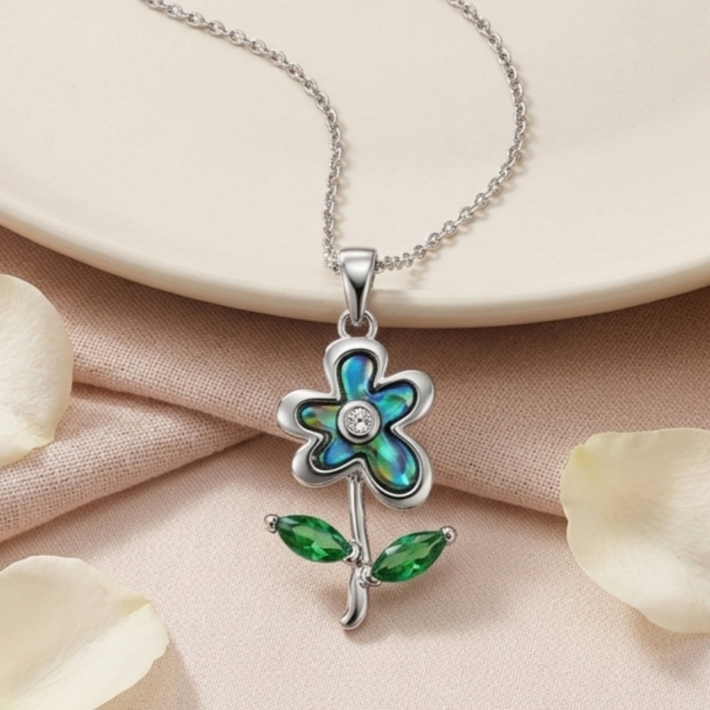 18K White Gold Plated Abalone Shell Floral Necklace Green Zirconia CZ Adjustable - Picture 4 of 15
